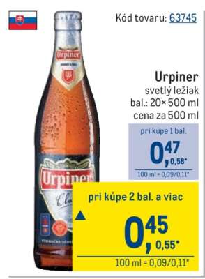 Urpiner svetlý ležiak bal.: 20×500 ml