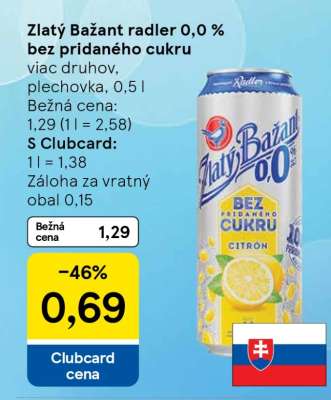 Zlatý Bažant radler 0,0 % bez pridaného cukru