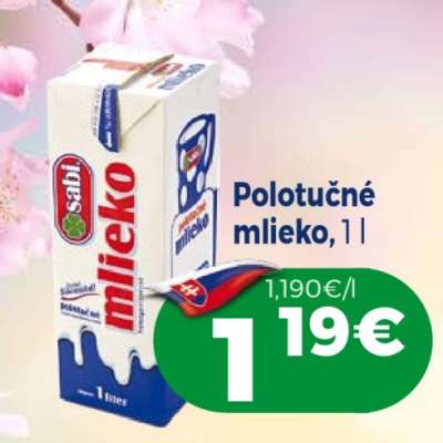 Polotučné mlieko, 1 l