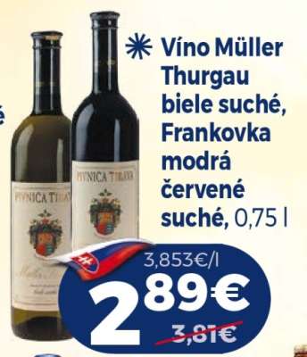 Víno Müller Thurgau biele suché, Frankovka modrá červené suché
