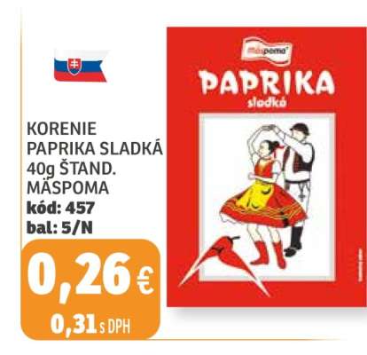 Korenie Paprika Sladká 40g Štand. Mäspoma