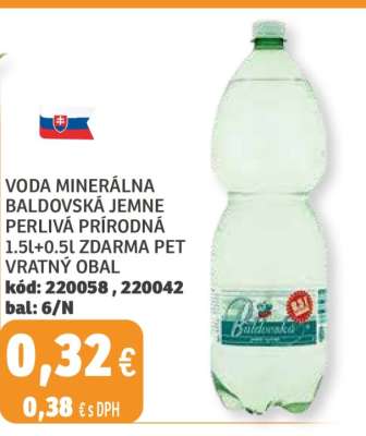 Voda minerálna Baldovská jemne perlivá prírodná 1.5l + 0.5l