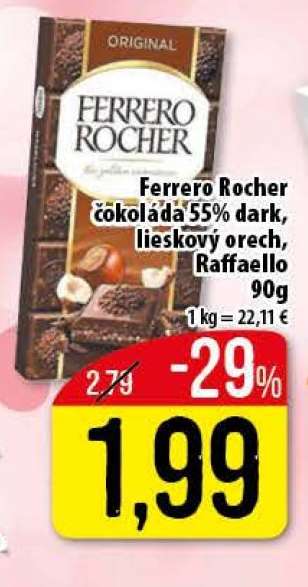 Ferrero Rocher čokoláda 55% dark, lieskový orech, Raffaello 90g