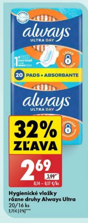 Hygienické vložky rôzne druhy Always Ultra 20/16 ks