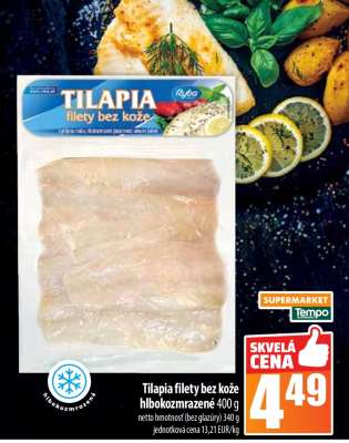 Tilapia filety bez kože hlbokozmrazené