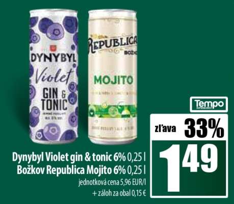 Dynybyl Violet gin & tonic 6% 0,25l, Božkov Republica Mojito 6% 0,25l