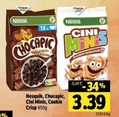 Nesquik, Chocapic, Cini Minis, Cookie Crisp 450g