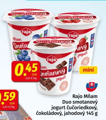 Rajo Mňam Duo smotanový jogurt čučoriedkový, čokoládový, jahodový 145 g