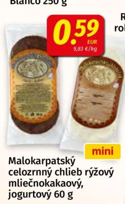 Malokarpatský celozrnný chlieb ryžový mliečnokakaový, jogurtový 60 g