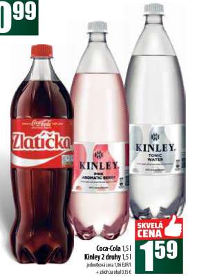 Coca-Cola 1,5l, Kinley 2 druhy 1,5l