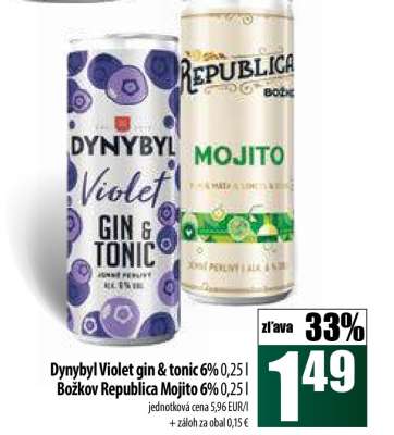 Dynybyl Violet gin & tonic 6% 0,25 l, Božkov Republica Mojito 6% 0,25 l
