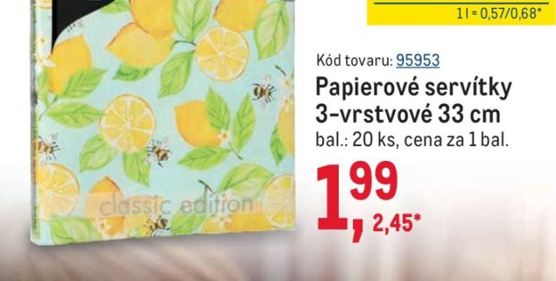 Papierové servítky 3-vrstvové 33 cm