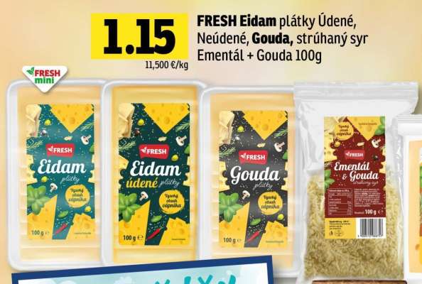 FRESH Eidam plátky Údené, Neúdené, Gouda, strúhaný syr Ementál + Gouda 100g