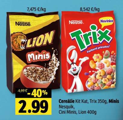 Cereálie Kit Kat, Trix 350g, Minis Nesquik, Cini Minis, Lion 400g
