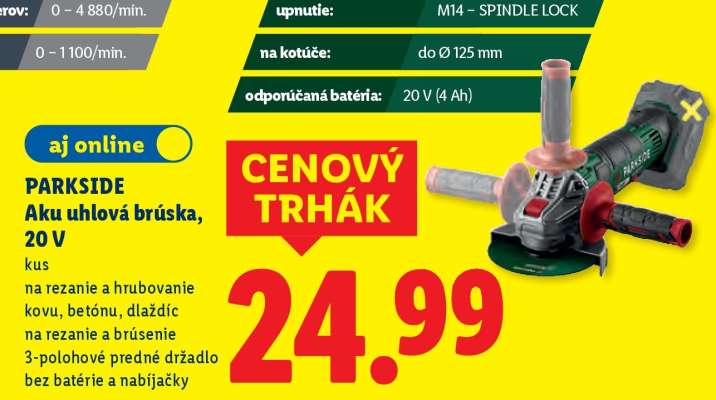 PARKSIDE Aku uhlová brúska 20 V