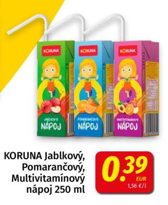 KORUNA Jablkový, Pomarančový, Multivitamínový nápoj 250 ml