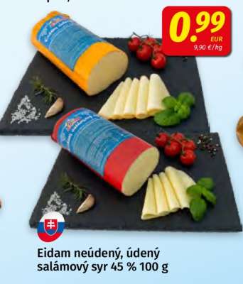 Eidam neúdený, údený salámový syr 45 % 100 g