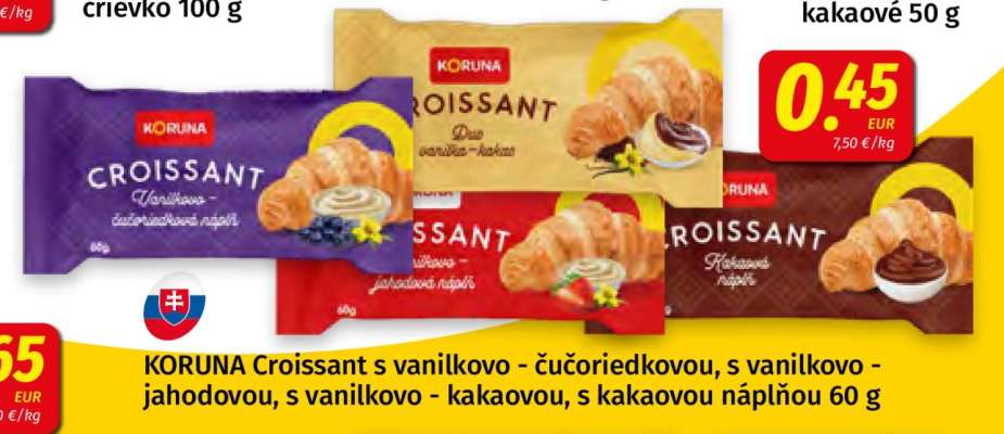 KORUNA Croissant s vanilkovo - čučoriedkovou, s vanilkovo - jahodovou, s vanilkovo - kakaovou, s kakaovou náplňou 60 g