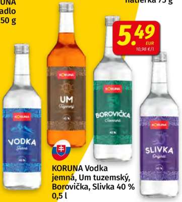 KORUNA Vodka jemná, Um tuzemský, Borovička, Slivka 40 % 0,5 l