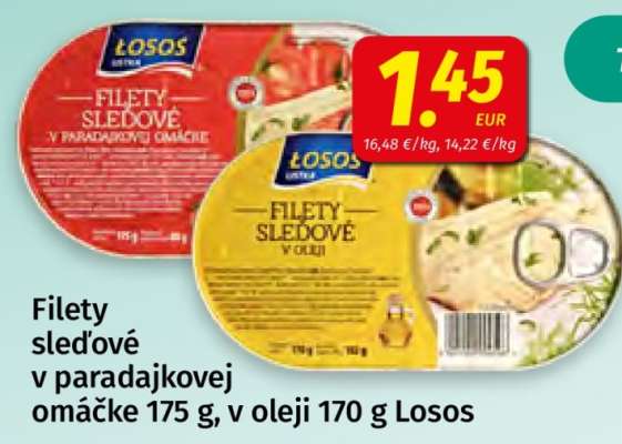 Filety sleďové v paradajkovej omáčke 175 g, v oleji 170 g Losos