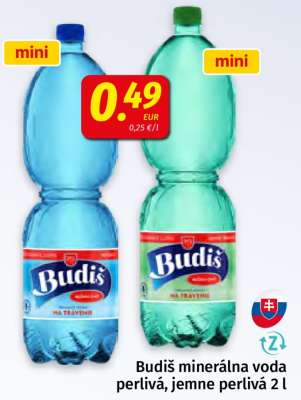 Budiš minerálna voda perlivá, jemne perlivá 2 l