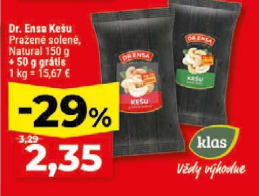 Dr. Ensa Kešu pražené solené, natural 150 g + 50 g gratis