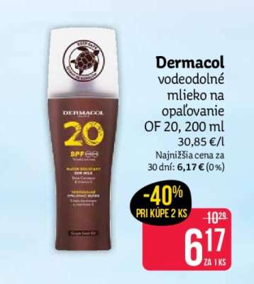 Dermacol vodeodolné mlieko na opaľovanie OF 20, 200 ml