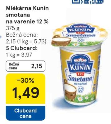 Mlékárna Kunín smotana na varenie 12 %