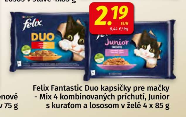 Felix Fantastic Duo kapsičky pre mačky - Mix 4 kombinovaných príchutí, Junior s kuratom a lososom v želé 4 x 85 g