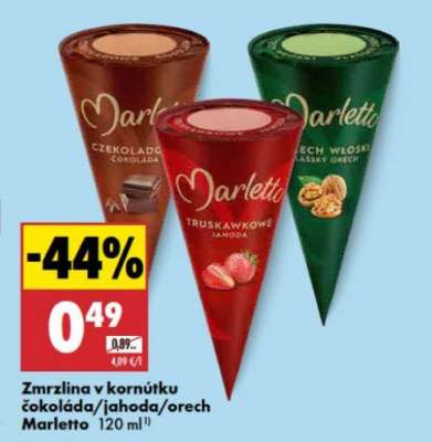 Zmrzlina v kornútku čokoláda/jahoda/orech Marletto