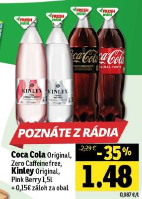 Coca Cola Original, Zero Caffeine free, Kinley Original, Pink Berry 1,5l
