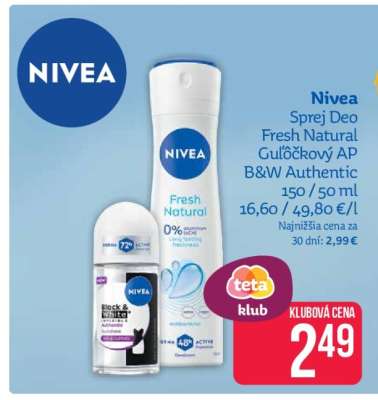 Nivea Sprej Deo Fresh Natural Guľôčkový AP B&W Authentic
