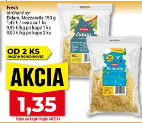 Fresh strúhaný syr Eidam, Mozzarella 150 g