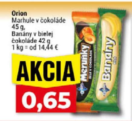 Orion Marhule v čokoláde 45 g, Banány v bielej čokoláde 42 g