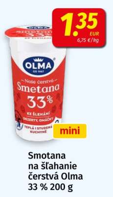 Smotana na šľahanie čerstvá Olma 33% 200 g