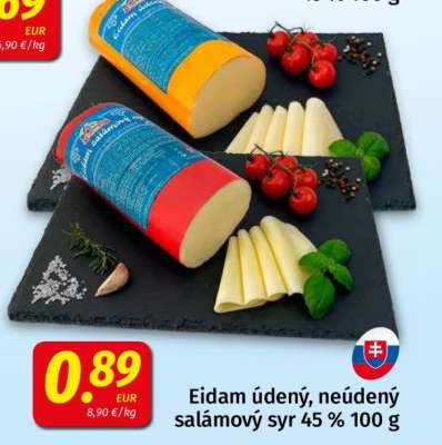 Eidam údený, neúdený salámový syr 45 % 100 g