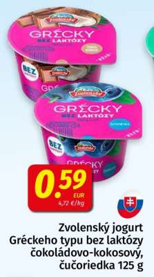 Zvolenský jogurt Gréckeho typu bez laktózy čokoládovo-kokosový, čučoriedka 125 g