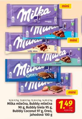 Milka mliečna, Bubbly mliečna 90 g, Bubbly biela 95 g, Bubbly Coconut 97 g, Oreo, jahodová 100 g