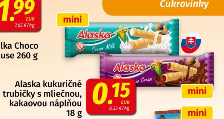 Alaska kukuričné trubičky s mliečnou, kakaovou náplňou 18 g