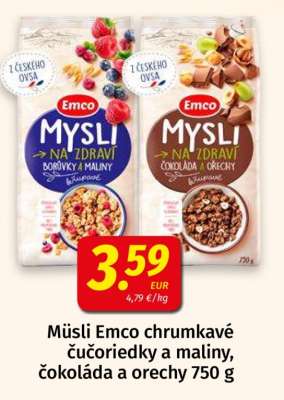 Müsli Emco chrumkavé čučoriedky a maliny, čokoláda a orechy 750 g