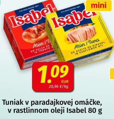 Tuniak v paradajkovej omáčke, v rastlinnom oleji Isabel 80 g