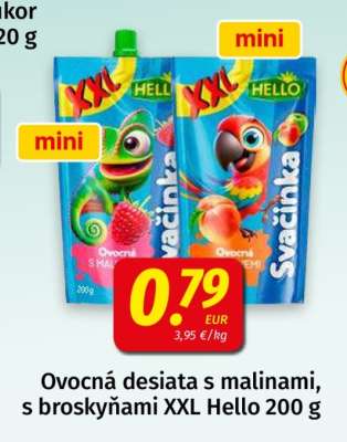 Ovocná desiata s malinami, s broskyňami XXL Hello 200 g