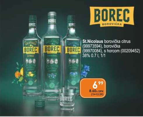 St.Nicolaus borovička citrus (99973594), borovička (99970084), s horcom (00209452) 38% 0.7 l, 1/1
