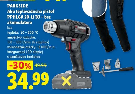 PARKSIDE Aku teplovzdušná pištoľ PPHLGA 20-Li B3 – bez akumulátora