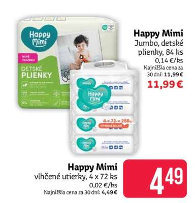 Happy Mimi vlhčené utierky, 4 x 72 ks