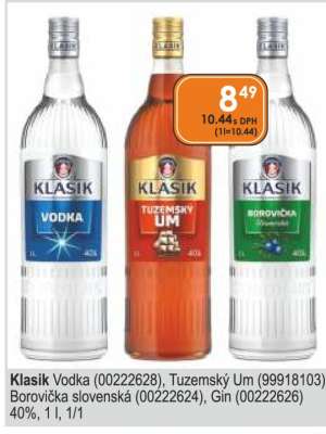 Klasik Vodka (00226228), Tuzemský Um (99918103) Borovička slovenská (00222624), Gin (00222626)