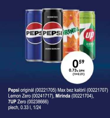 Pepsi originál (00221705) Max bez kalórií (00221707) Lemon Zero (00241717), Mirinda (00221704), 7UP Zero (00238666)