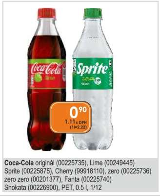 Coca-Cola originál (00225735), Lime (00249445) Sprite (00225875), Cherry (99918110), zero (00225736) zero zero (00201377), Fanta (00225740) Shokata (00226900), PET, 0,5 l, 1/12