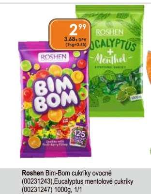 Roshen Bim-Bom cukríky ovocné (00231243), Eucalyptus mentolové cukríky (00231247) 1000g, 1/1