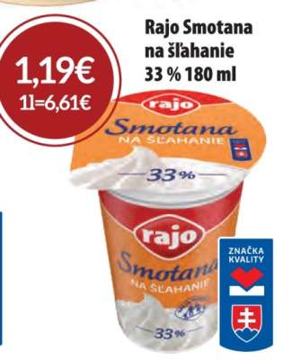 Rajo Smotana na šľahanie 33% 180 ml